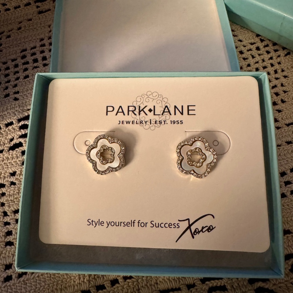 Park Lane Gold-Tone Floral Stud Earrings with White Centers